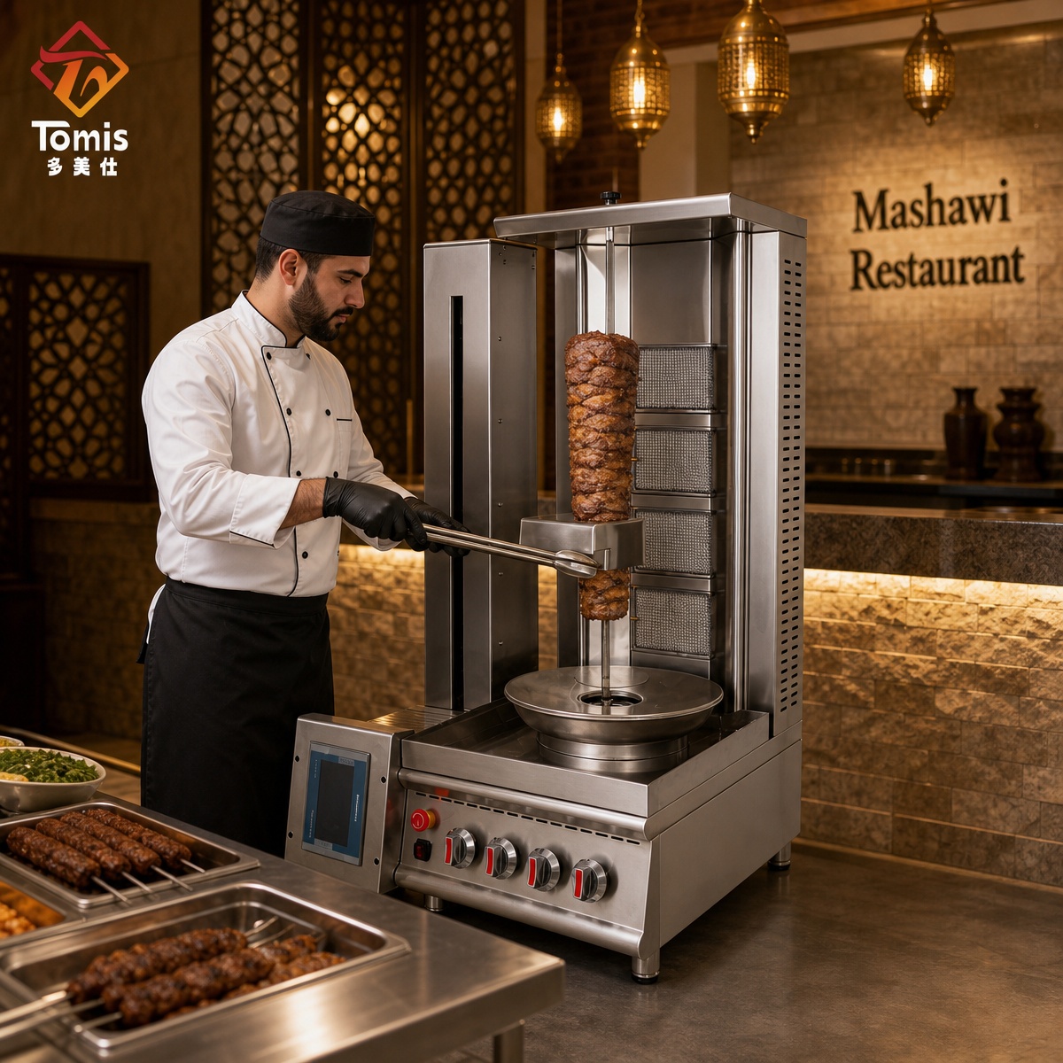 Kebab Shawarma Machine - 業務用ガス式シャワルマ機、自動ドネルケバブグリル、4つのバーナーを備えたステンレス製垂直回転式、レストラン向け。